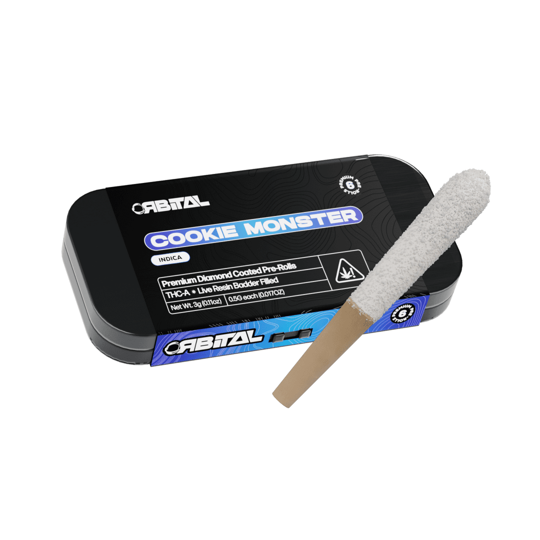 Galaxy Treats Orbital Diamond Coated Pre-Rolls (3g 6ct Tin) -  Cookie Monster with packaging