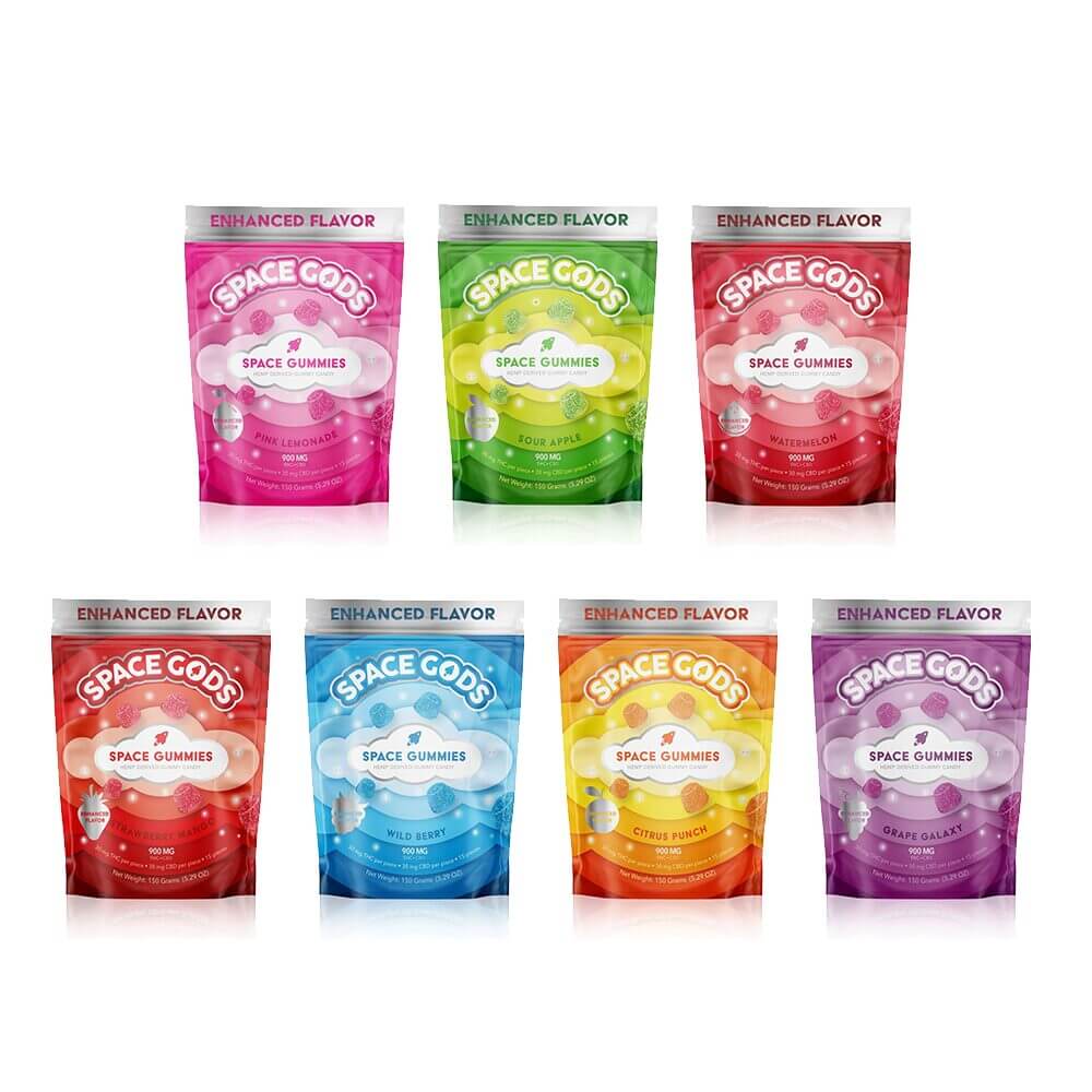Space Gods Mega Dose D9 + CBD Space Gummies (900mg 15ct Pouch) - Group Photo