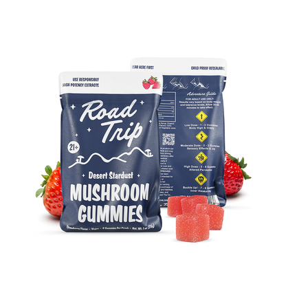 Road Trip Mushroom Gummies (28000mg 8ct Pouch) - Desert Stardust Mushroom Strawberry with packaging