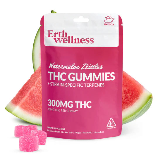 ERTH D9 THC Gummies (300mg 30ct pouch) - Watermelon Zkittles with packaging