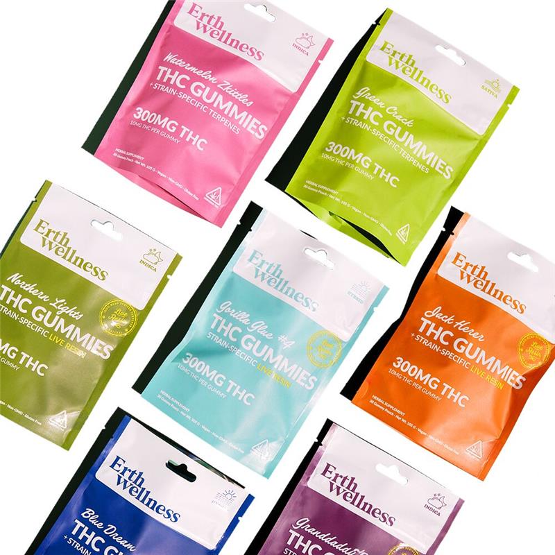 ERTH D9 THC Gummies (300mg 30ct pouch) - Group Image with packaging
