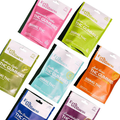 ERTH D9 THC Gummies (300mg 30ct pouch) - Group Image with packaging